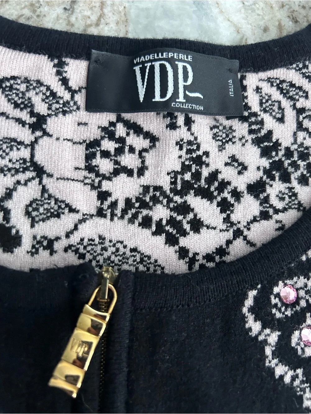 VDP Italian made Black Lace-Pattern Zip-FrontSwarovski crystals Sweater